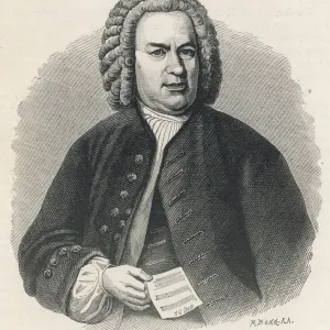 Johann Sebastian Bach Print, a German composer with manuscript Johann Sebastian Bach Print, a German composer with manuscript