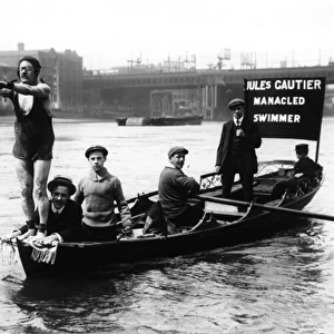 Jules Gautier, stunt swimmer, with boat crew