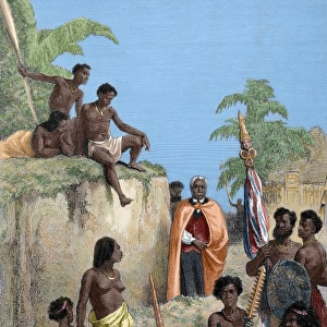 King Kamehameha I (1758-1819) and his warriors. Engraving, 1