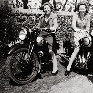 Ladies sitting on 1935 & 1950 motorcycles