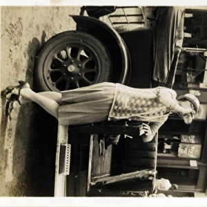 Lady & Vintage Car, Dunster, Somerset