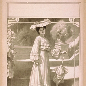 Full length image of woman, standing on steps, wearing hat a