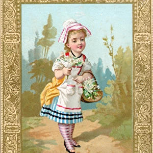 Little girl in a garden with flowers on a Christmas card