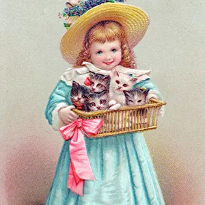 Little girl with kittens in a basket on a postcard
