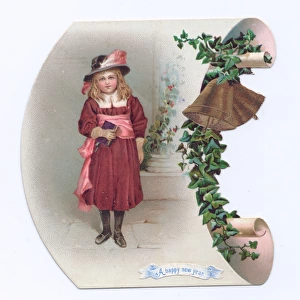 Little girl on a scroll-shaped New Year card