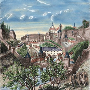 Luxembourg. 19th century. View of the city. Colored engravin