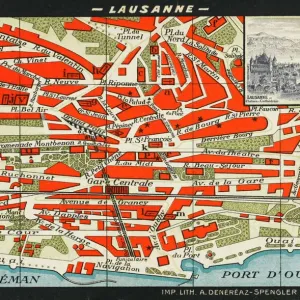 Colourful Map of Lausanne with Engraved Insert Print Colourful Map of Lausanne with Engraved Insert Print