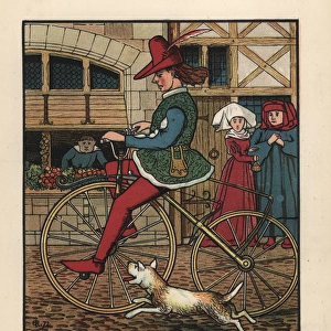 Medieval man riding a wooden velocipede on a cobbled street