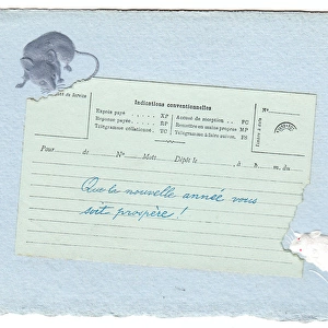 Two mice eating a telegram on a New Year postcard