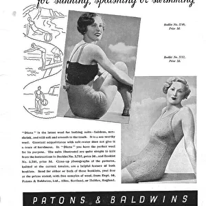 Two models and line illustrations showing knitted wool swimsuts Date: 1935