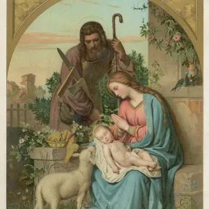 Print of The Nativity with Lamb featuring Joseph and his carpenter's tools Print of The Nativity with Lamb featuring Joseph and his carpenter's tools