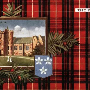 Beaufort Castle Print with Fraser Tartan Background, circa 1905 Beaufort Castle Print with Fraser Tartan Background, circa 1905