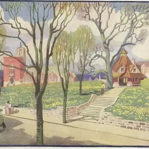 Print of Bournville village green, c.1920 Print of Bournville village green, c.1920