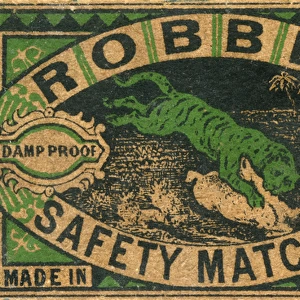 Old Swedish Matchbox label with Robber and a tiger hunting