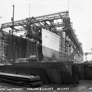 Early 20th Century Print of Olympic and Titanic in Belfast Shipyard