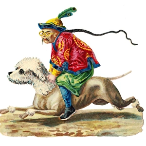 Oriental man riding a dog on a Victorian scrap