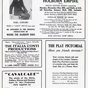 Page from a 1931 issue of Play Pictorial with an advertisement showing Noel Coward
