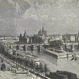 Paris on the banks of Seine river, 19th c. Engraving