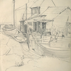 Pencil sketch of building and boats