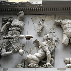 Pergamon Altar. Leto and Apollo fighting against Tityos