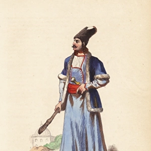 Persian man in fur hat and jacket, carrying