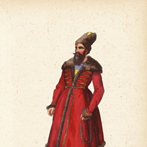 Persian nobleman in fur hat, fur-lined coat with frogging