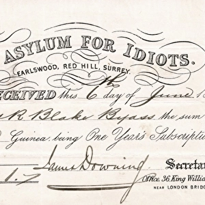 Receipt, Asylum for Idiots, Earlswood, Redhill, Surrey