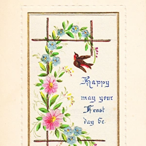 Robin and flowers on a fabric Feast Day card