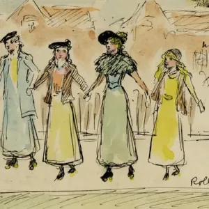 Roller Skating Ink and Watercolour Print circa 1893