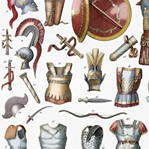 Roman army. Armors and weaponry. Colored engraving
