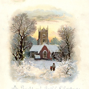 Rural snow scene with church on a Christmas card