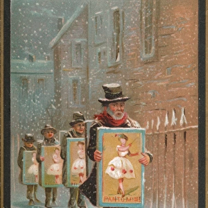 Four sandwich men in the snow on a Christmas card