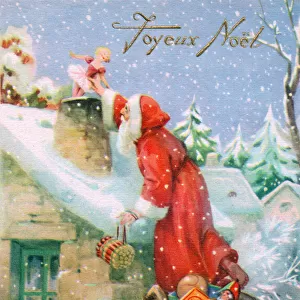 Santa Claus riding a donkey on a French Christmas postcard