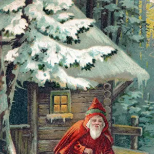 Santa Claus with his sack on a Latvian Christmas postcard