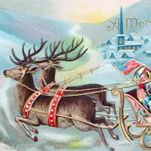 Santa Claus in his sleigh on a Christmas postcard