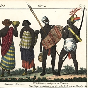 Shooa women with baby, Kanem spearman, and Bambara bowman