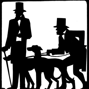 Silhouette of two men with dogs