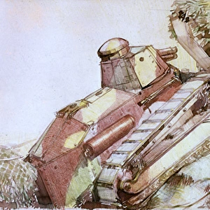 Two six-ton tanks climbing a hill, WW1