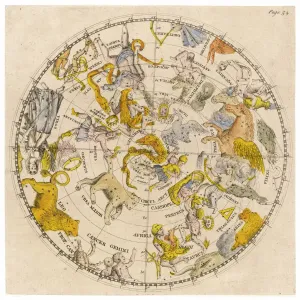 Print of a Sky Chart featuring Zodiac Signs and Celestial Features