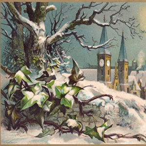 Snow scene in a moonlit town on a New Year card