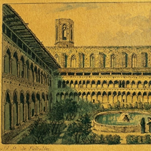 Spain. Barcelona. Monastery of Pedralbes. Cloister. Drawing