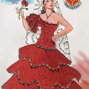 Spanish lady in red dress on greetings card, Gibraltar