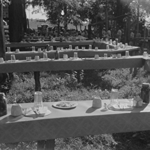 Table in picnic grove set for St. Thomas church supper near