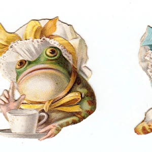 Tea-drinking frogs on three Victorian scraps