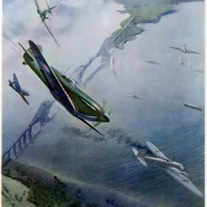 Print of Spitfires over the Forth Bridge intercepting German Heinkel IIIs Print of Spitfires over the Forth Bridge intercepting German Heinkel IIIs