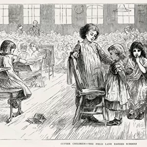 Unkempt girls receiving punishment from another older pupil at Field Lane Ragged School