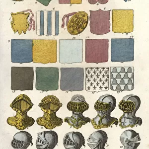 Variety of jousting shields and helmets