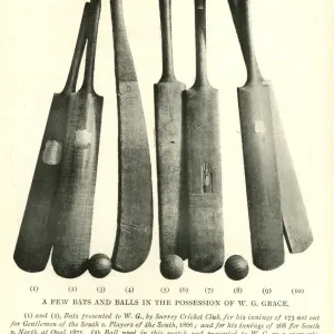 W G Grace, some of his cricket bats and balls