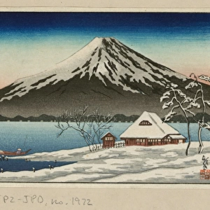 Winter landscape with small snow-covered building on the coa