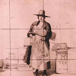 Woman selling newspapers announcing Peace Terms, WW1